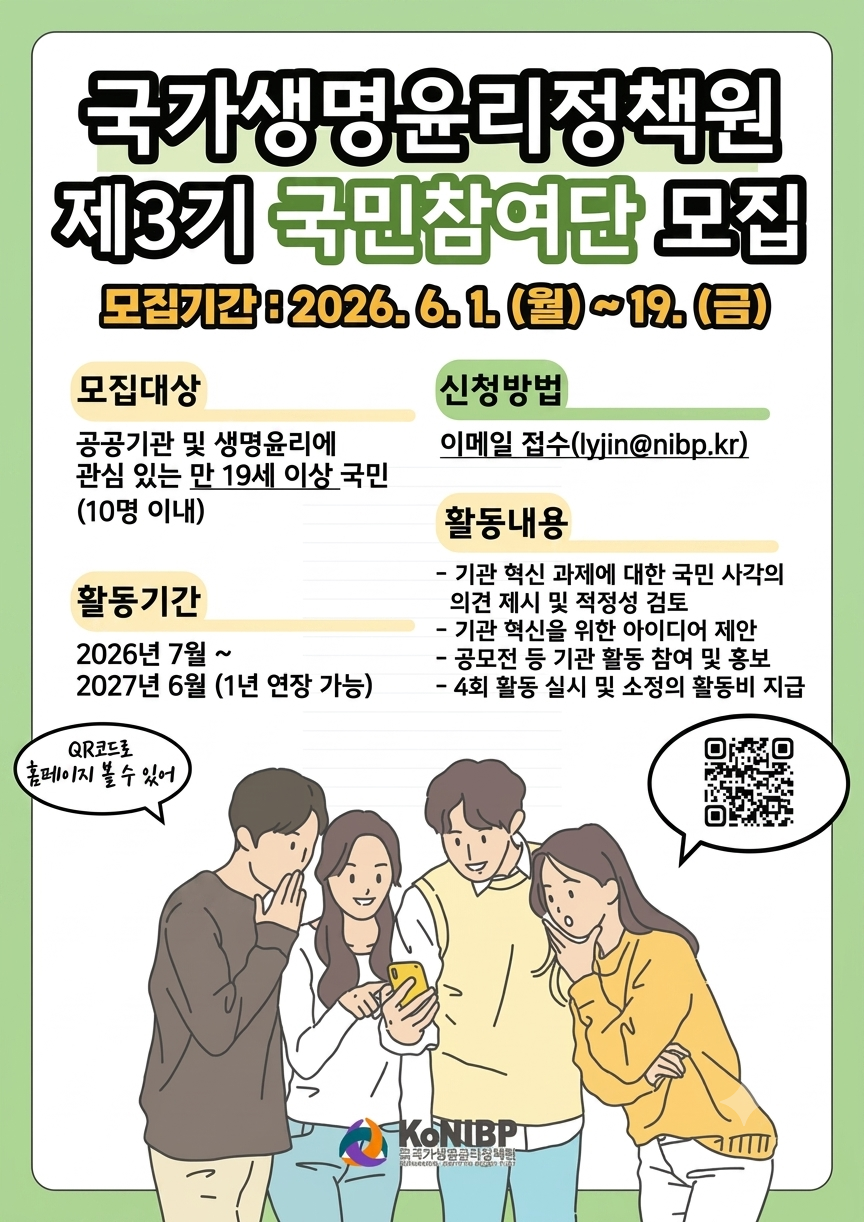 국가생명윤리정책원 제3기 국민참여단 모집 모집기간 : 2026.6.1.(월) ~19.(금) 모집대상 공공기관 및 생명윤리에 관심있는 만 19세 이상 국민(10명이내) 신청방법 이메일 접수(lyjin@nibp.kr) 활동기간 2026년 7월 ~ 2027년 6월 (1년 연장 가능) 활동내용 기관 혁신 과제에 대한 국민 시각의 의견 제시 및 적정성 검토 기관 혁신을 위한 아이디어 제안 공모전 등 기관 활동 참여 및 홍보 4회 활동 실시 및 소정의 활동비 지급 QR코드로 홈페이지 볼 수 있어